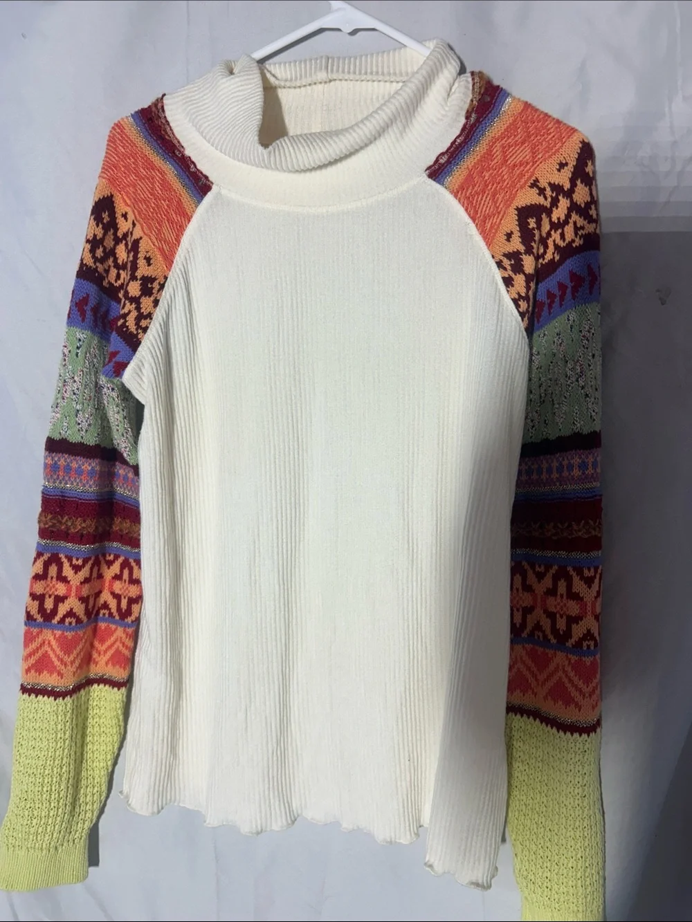 Free People Cream Turtleneck with Multicolor Fair Isle Sleeves